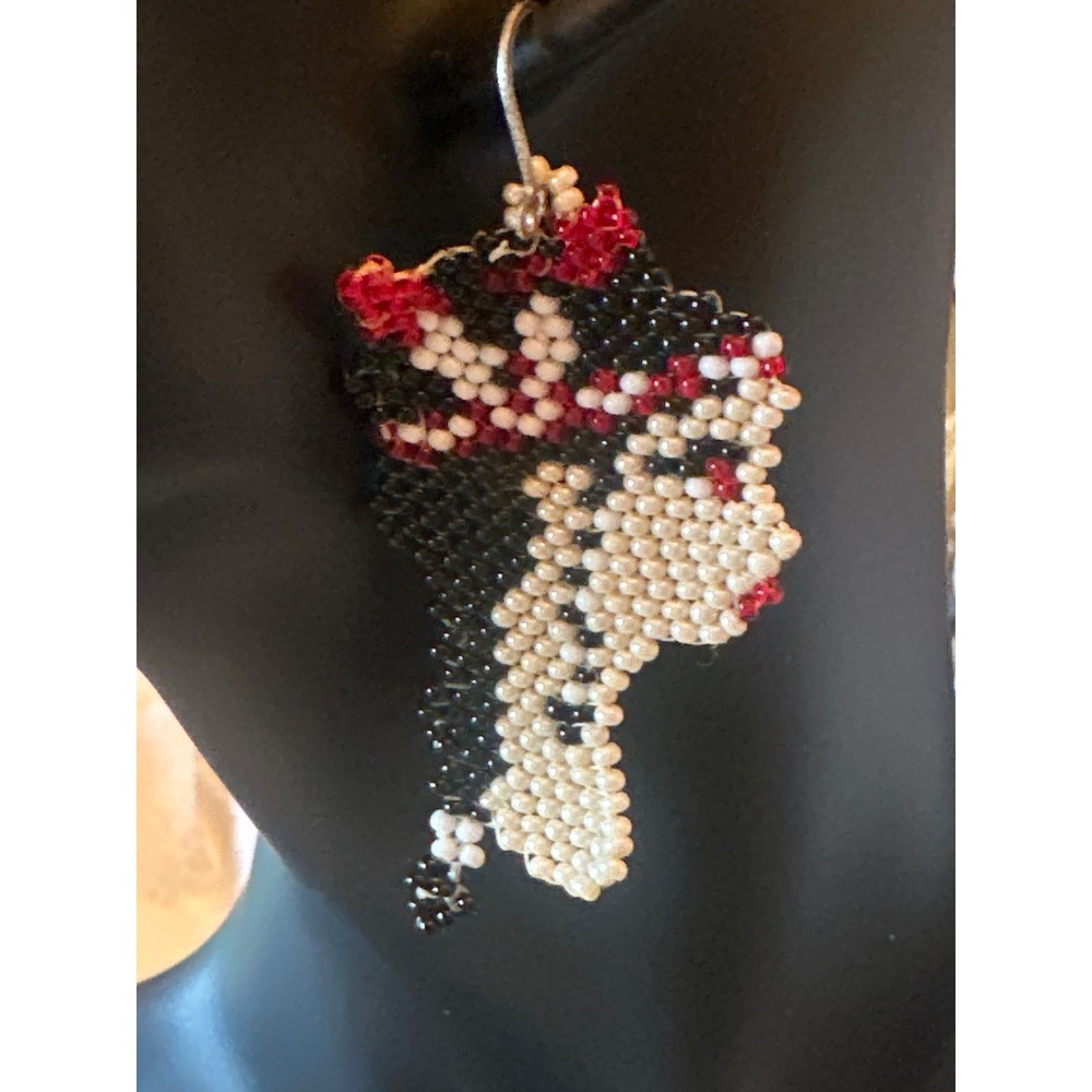 Handmade Beaded Woman Profile Drop Earrings Black Cream Red Artisan Jewelry